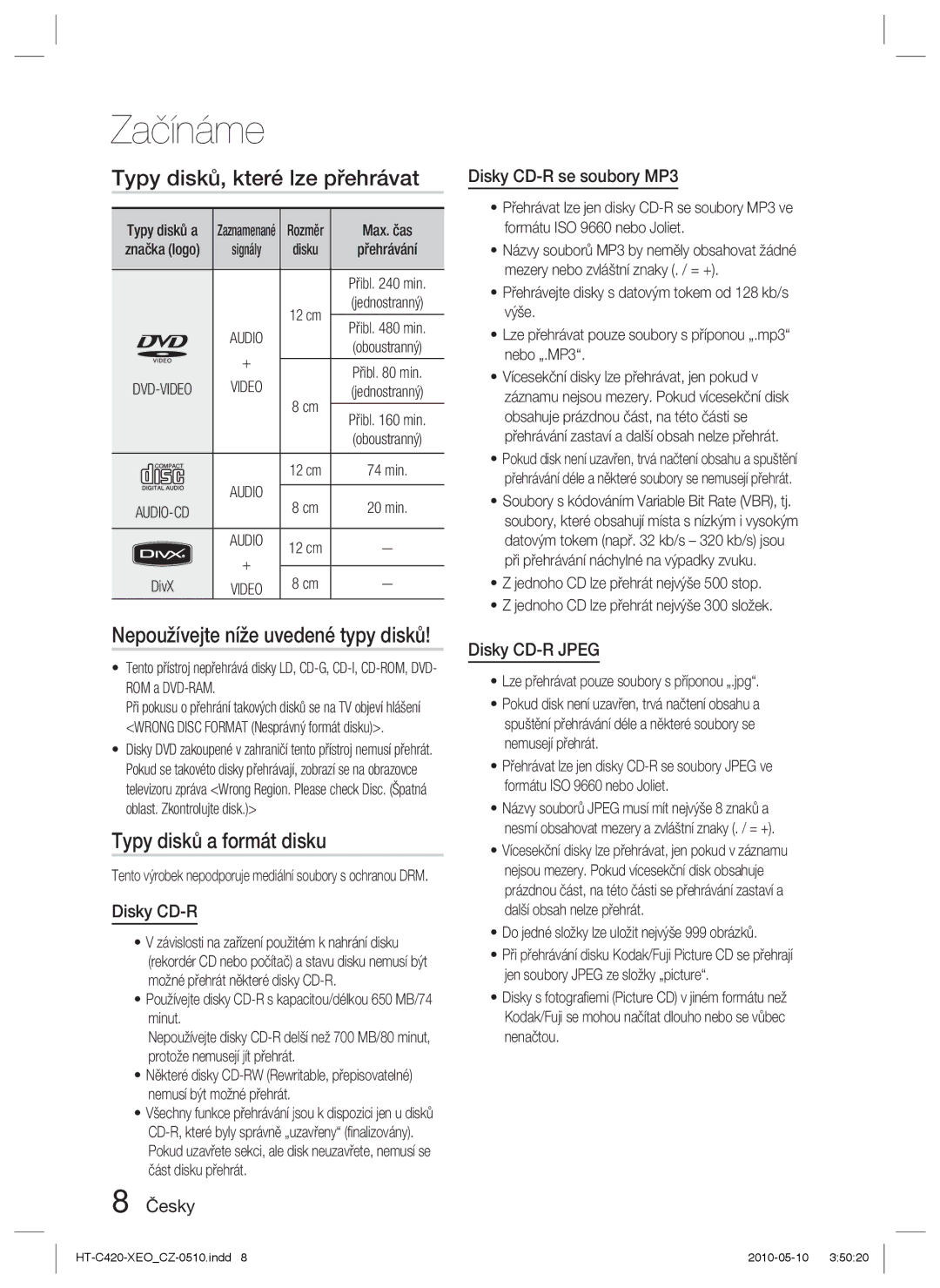 Samsung HT-C420/EDC manual Typy disků, které lze přehrávat, Typy disků a formát disku, Disky CD-R Jpeg 