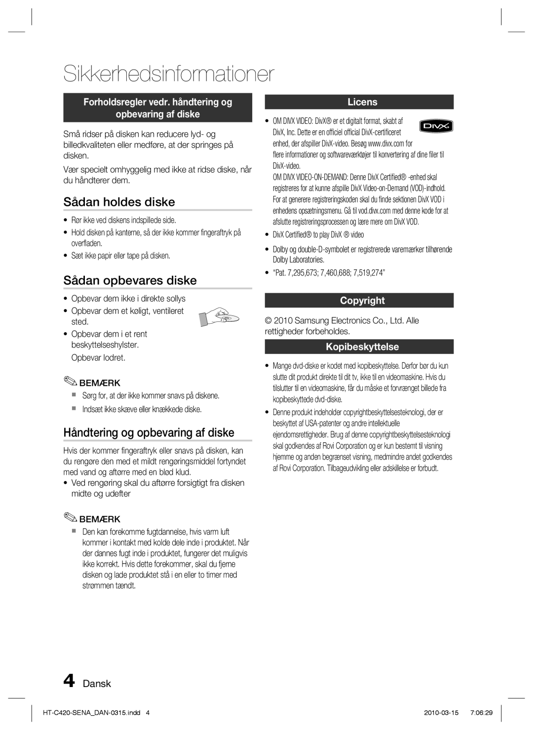 Samsung HT-C420/XEE manual Sådan holdes diske, Sådan opbevares diske, Håndtering og opbevaring af diske 