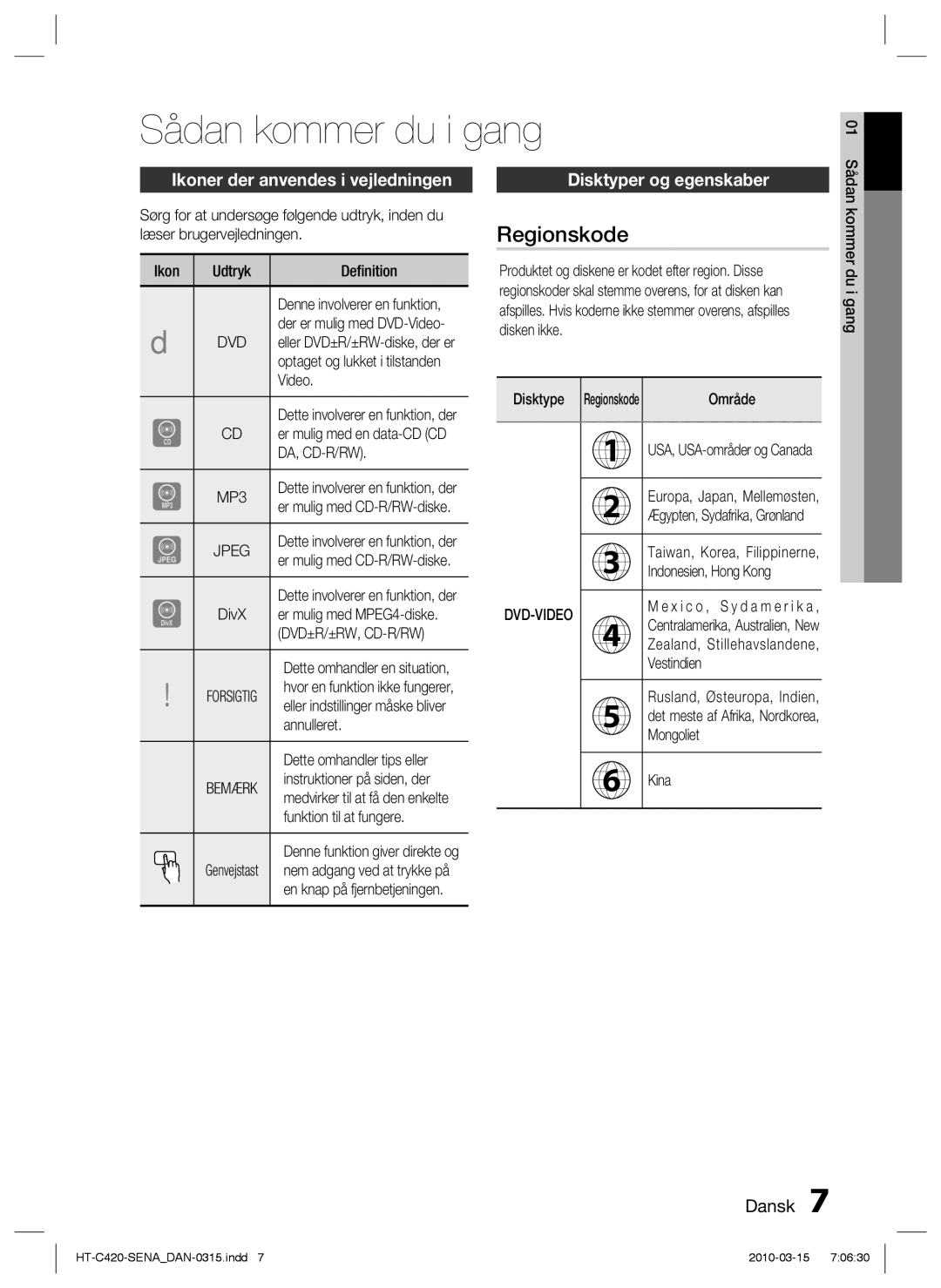 Samsung HT-C420/XEE manual Sådan kommer du i gang, Regionskode, Ikoner der anvendes i vejledningen, Disktyper og egenskaber 