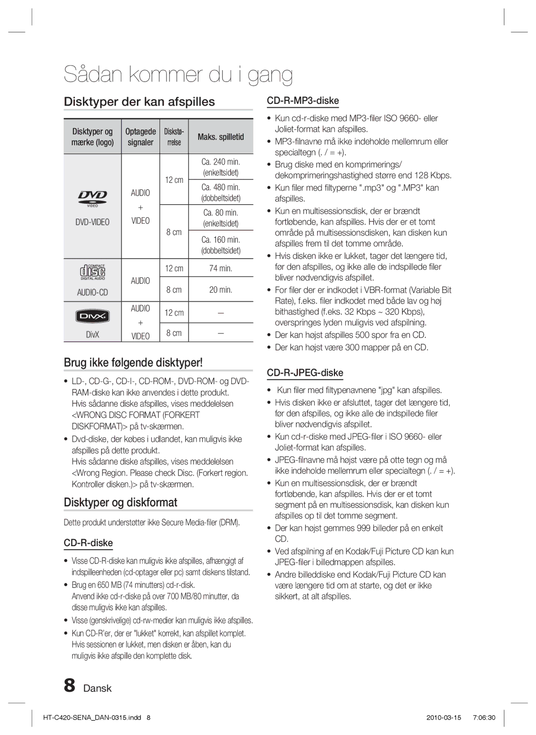 Samsung HT-C420/XEE manual Disktyper der kan afspilles, Brug ikke følgende disktyper, Disktyper og diskformat 