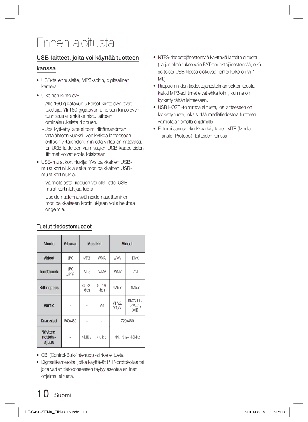 Samsung HT-C420/XEE manual USB-laitteet, joita voi käyttää tuotteen Kanssa, Tuetut tiedostomuodot 