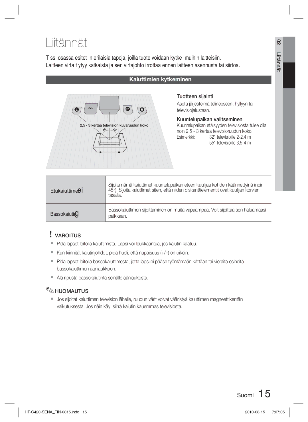 Samsung HT-C420/XEE manual Liitännät, Kaiuttimien kytkeminen, Varoitus 