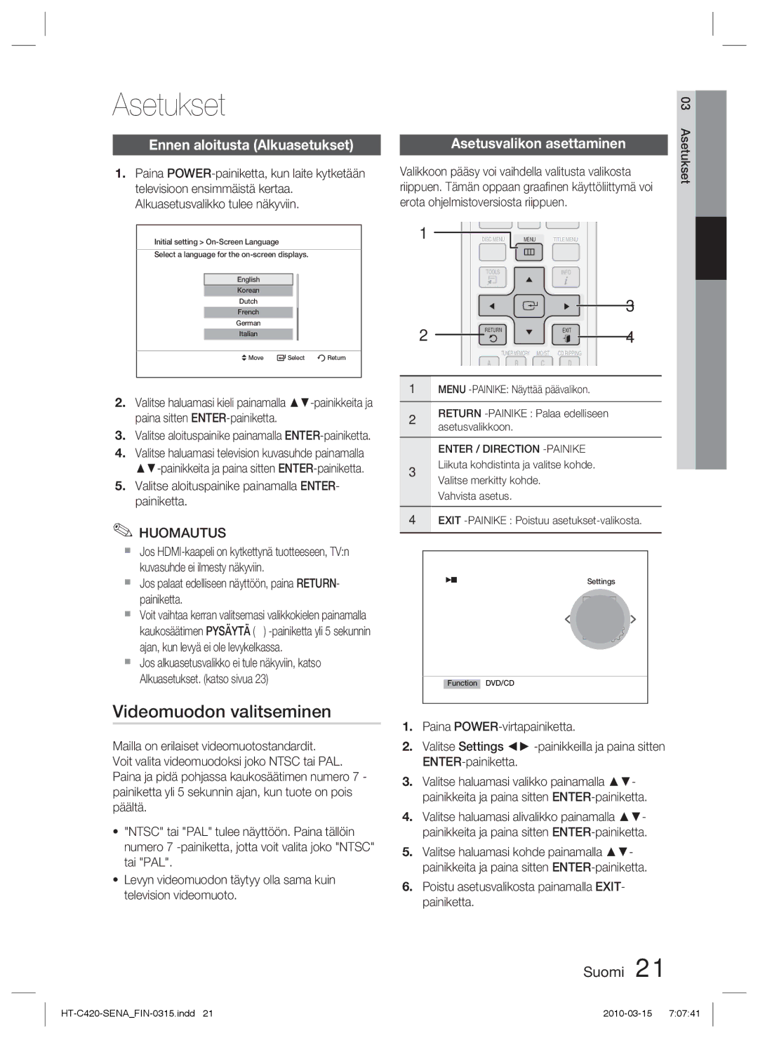 Samsung HT-C420/XEE manual Asetukset, Videomuodon valitseminen, Ennen aloitusta Alkuasetukset 