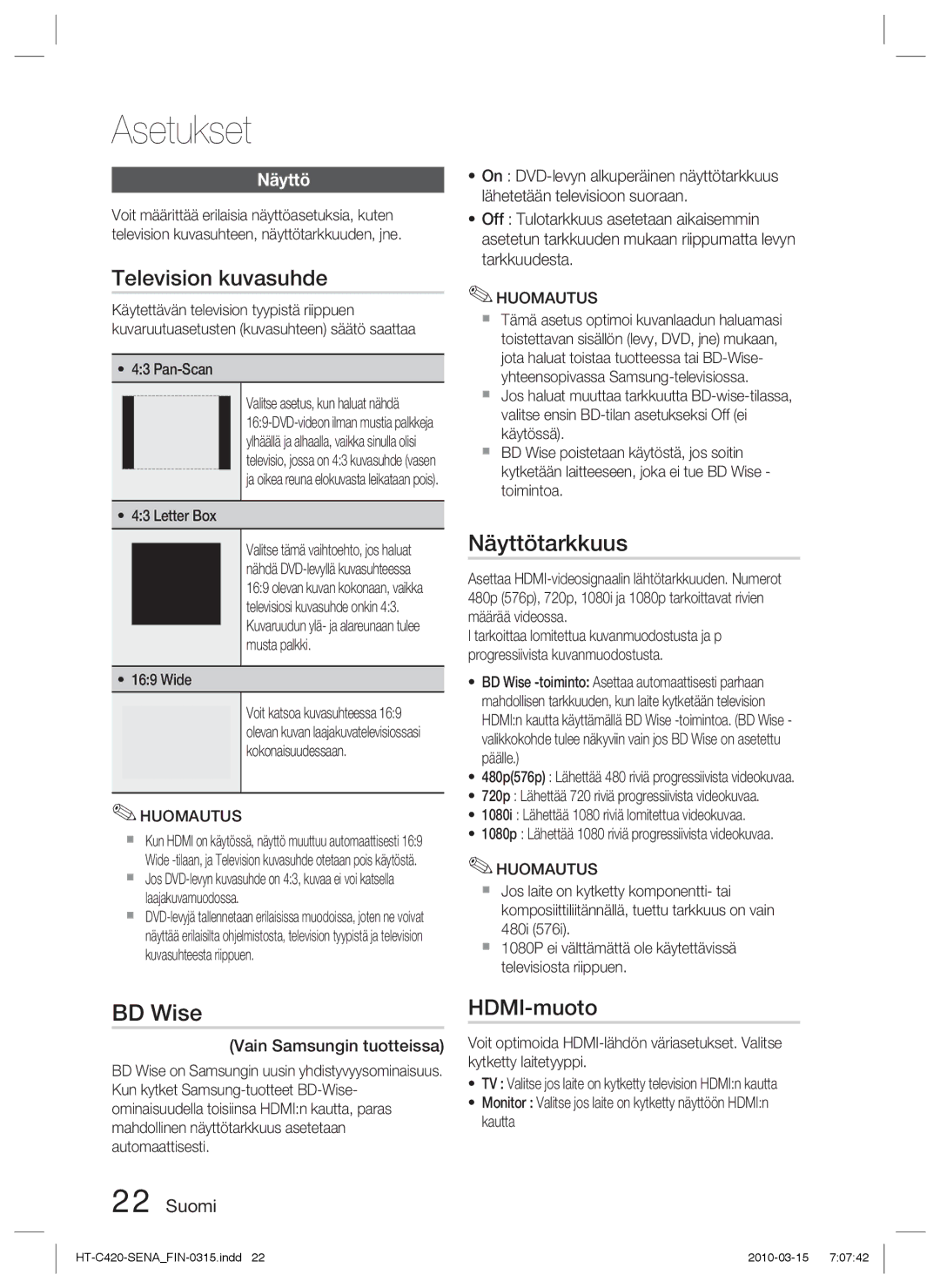 Samsung HT-C420/XEE manual Television kuvasuhde, Näyttötarkkuus, BD Wise, HDMI-muoto 