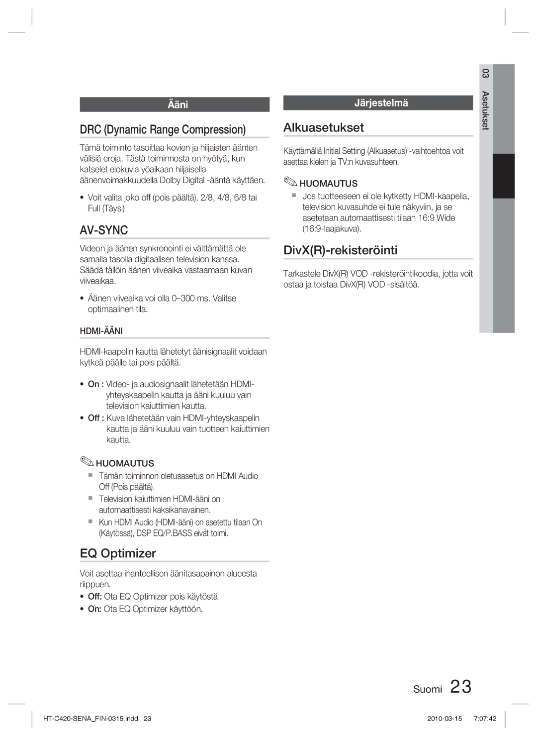 Samsung HT-C420/XEE manual EQ Optimizer, Alkuasetukset, DivXR-rekisteröinti, Ääni, Järjestelmä 