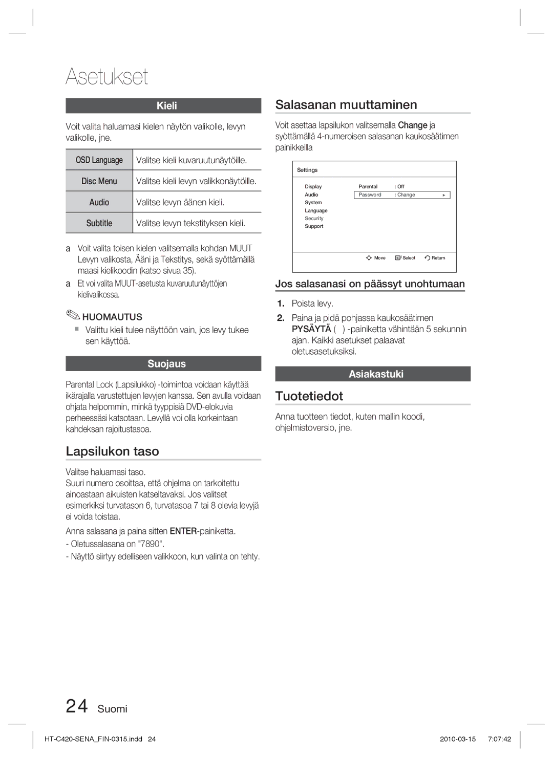 Samsung HT-C420/XEE manual Lapsilukon taso, Salasanan muuttaminen, Tuotetiedot 