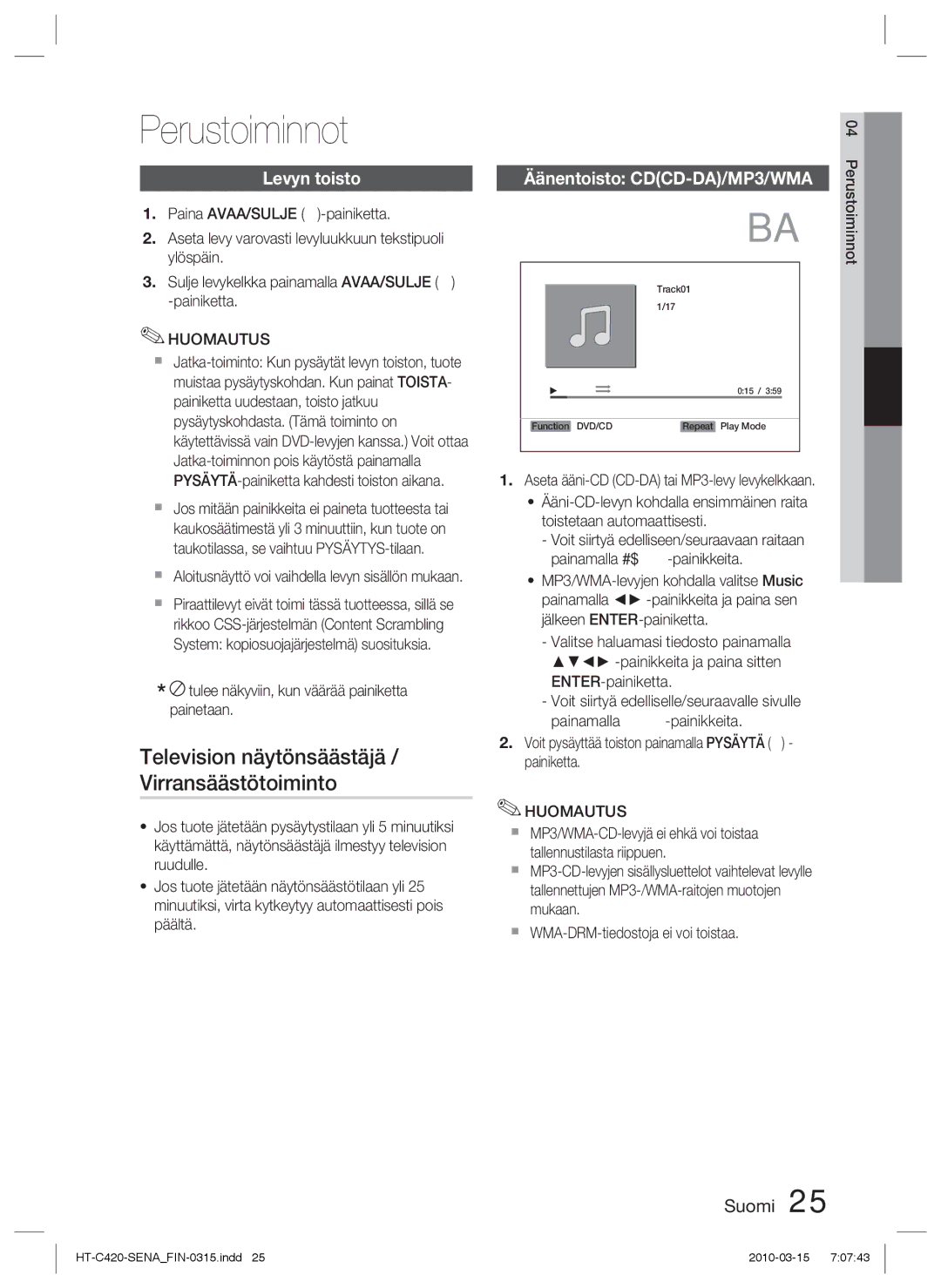 Samsung HT-C420/XEE manual Perustoiminnot, Television näytönsäästäjä, Virransäästötoiminto 