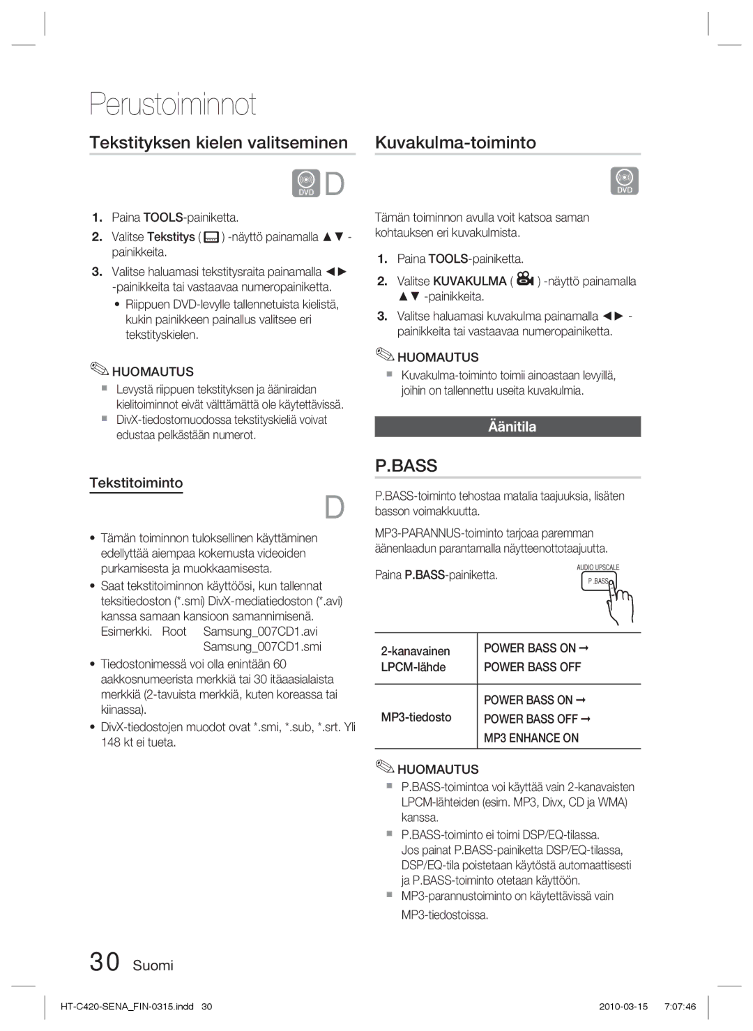 Samsung HT-C420/XEE manual Tekstityksen kielen valitseminen, Kuvakulma-toiminto, Äänitila, Tekstitoiminto 