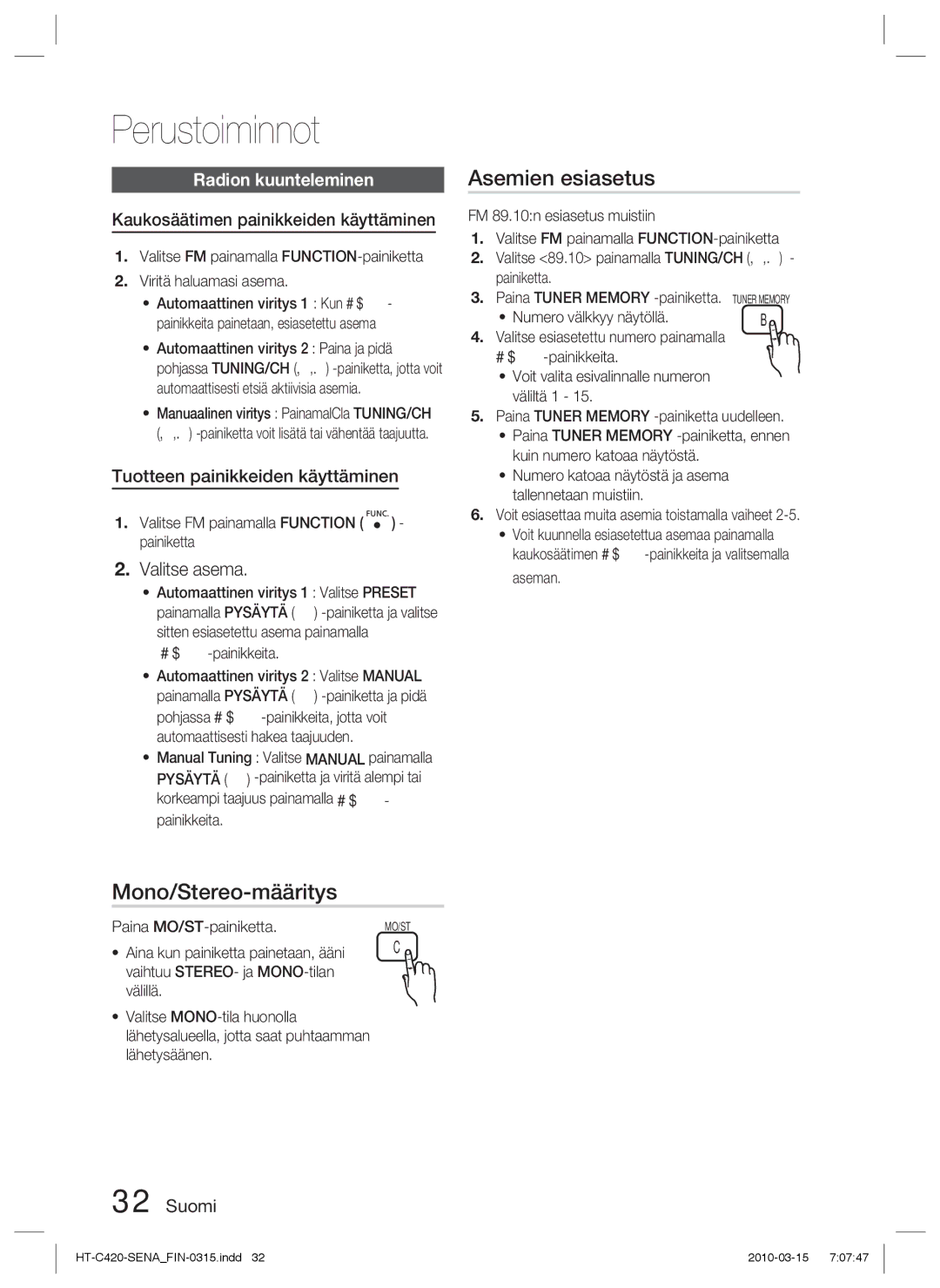 Samsung HT-C420/XEE manual Asemien esiasetus, Mono/Stereo-määritys, Valitse asema, Radion kuunteleminen 