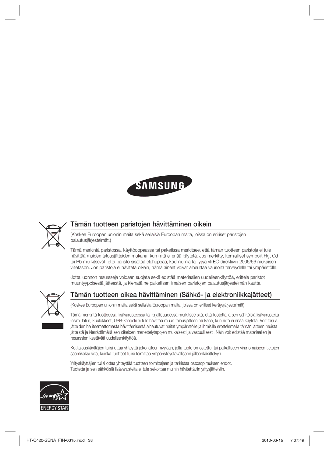 Samsung HT-C420/XEE manual Tämän tuotteen paristojen hävittäminen oikein 