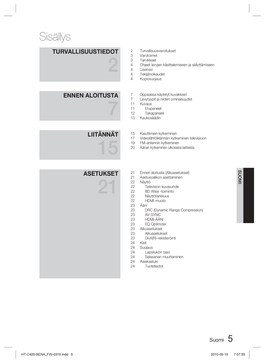 Samsung HT-C420/XEE manual Sisällys, Turvallisuustiedot 