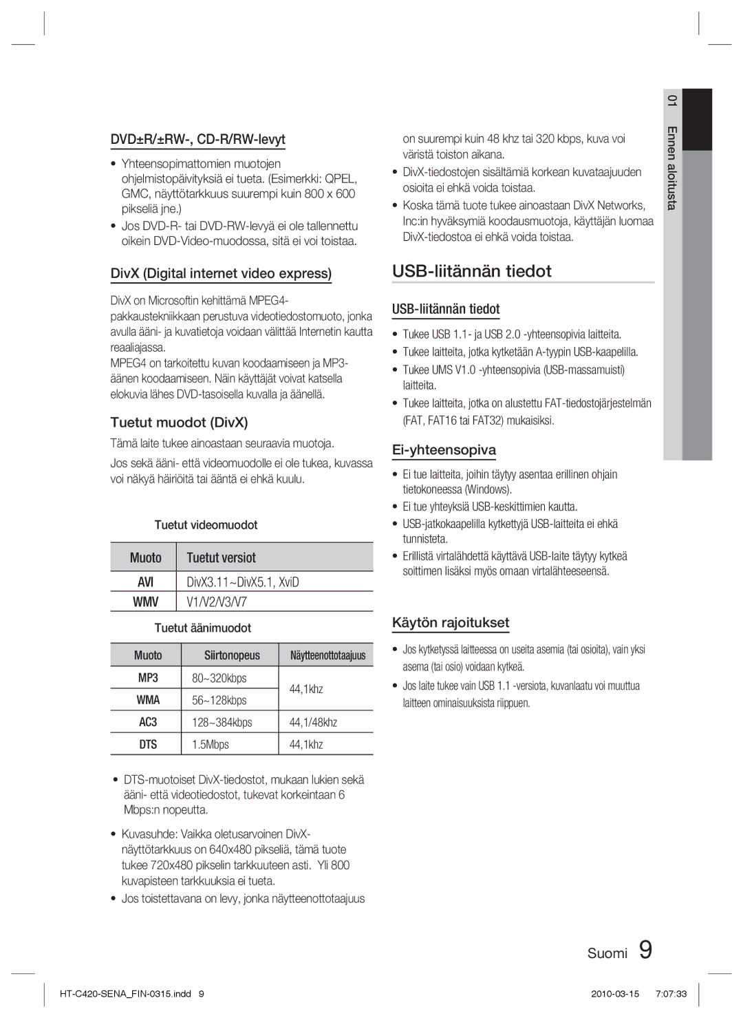 Samsung HT-C420/XEE manual USB-liitännän tiedot 