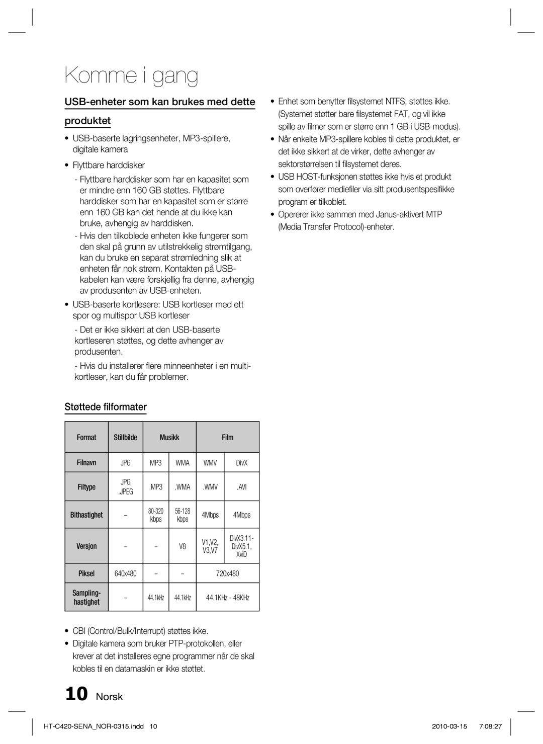 Samsung HT-C420/XEE manual USB-enheter som kan brukes med dette Produktet, Støttede ﬁlformater 