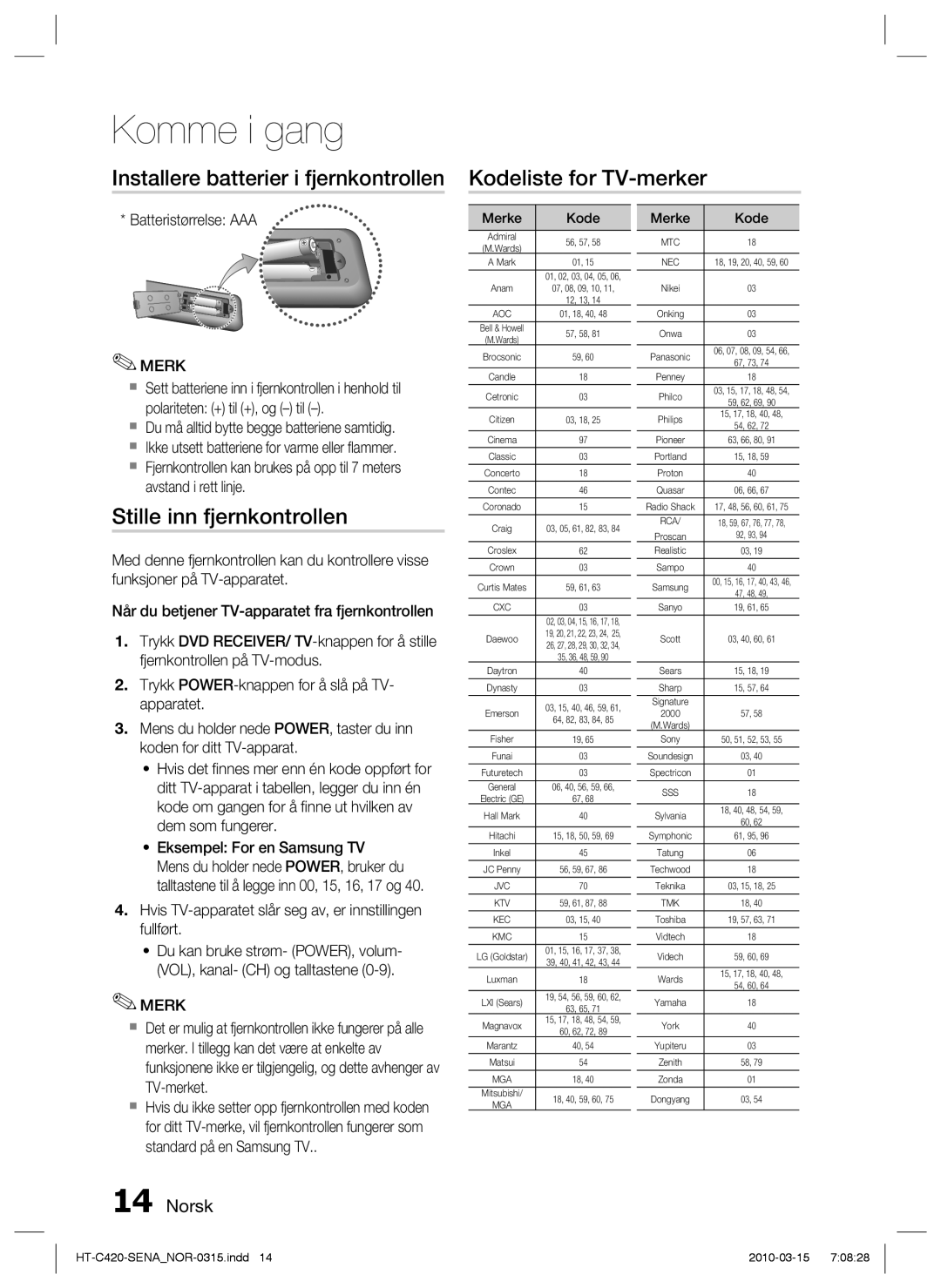 Samsung HT-C420/XEE manual Stille inn fjernkontrollen, Batteristørrelse AAA 