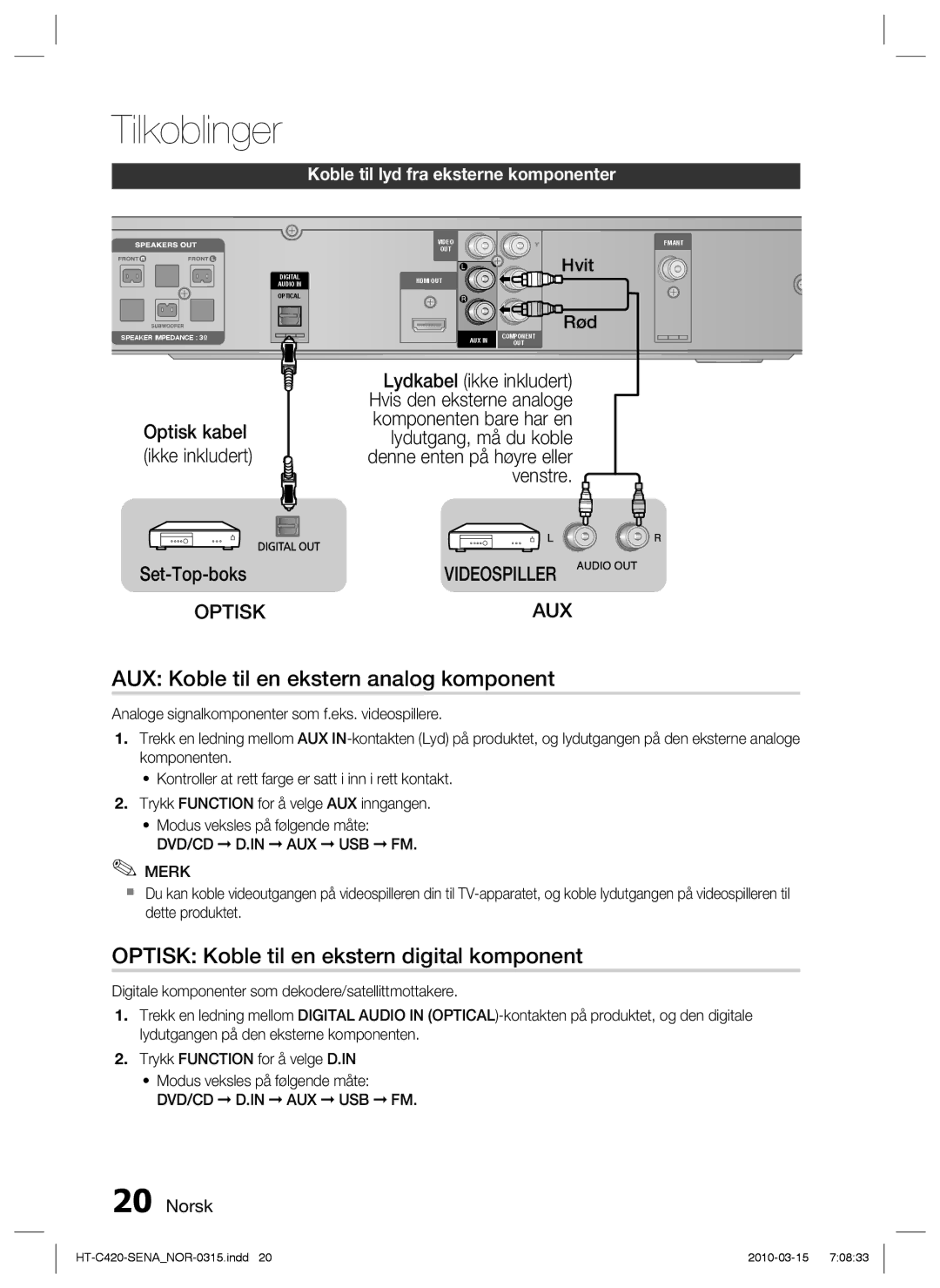 Samsung HT-C420/XEE AUX Koble til en ekstern analog komponent, Optisk Koble til en ekstern digital komponent, Set-Top-boks 