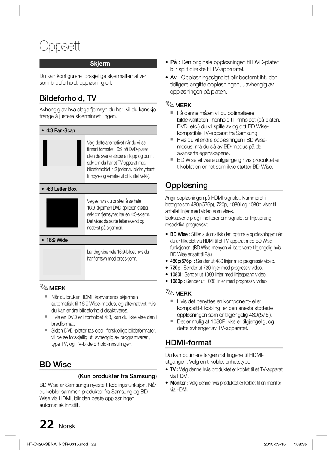 Samsung HT-C420/XEE manual Bildeforhold, TV, BD Wise, Oppløsning, HDMI-format, Skjerm 