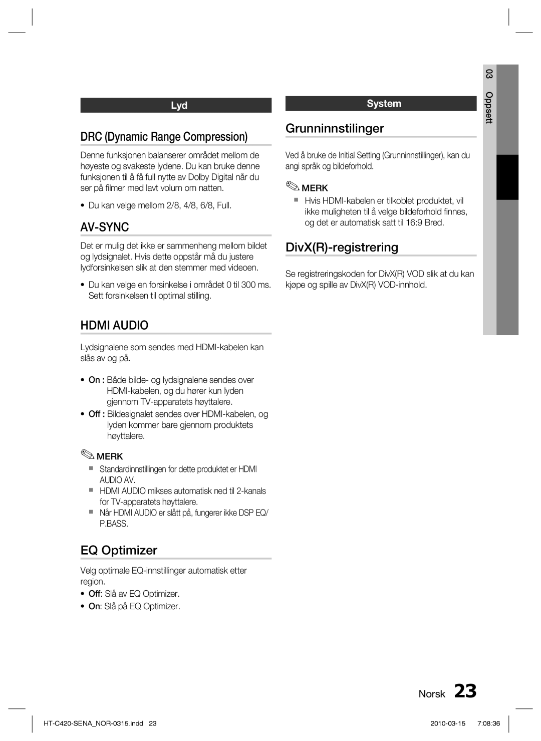 Samsung HT-C420/XEE manual Grunninnstilinger, DivXR-registrering, EQ Optimizer, Lyd, System 