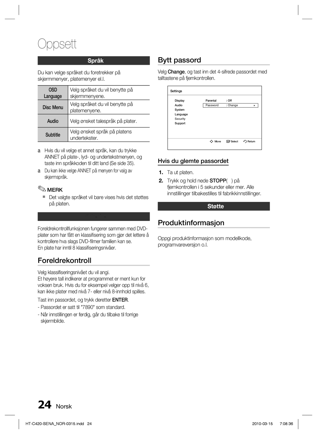 Samsung HT-C420/XEE manual Foreldrekontroll, Bytt passord, Produktinformasjon 