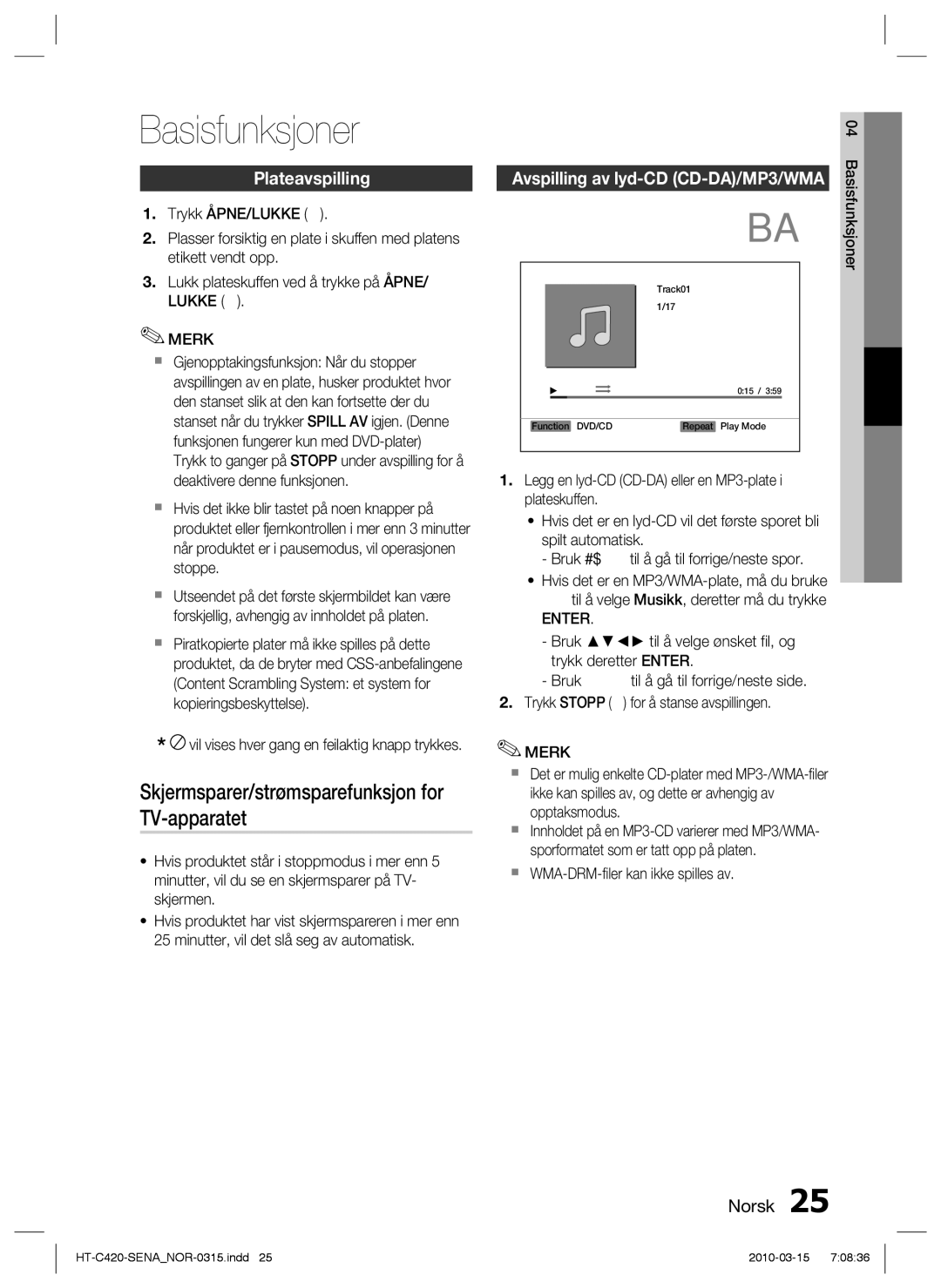 Samsung HT-C420/XEE manual Basisfunksjoner, Skjermsparer/strømsparefunksjon for TV-apparatet, Plateavspilling, Enter 