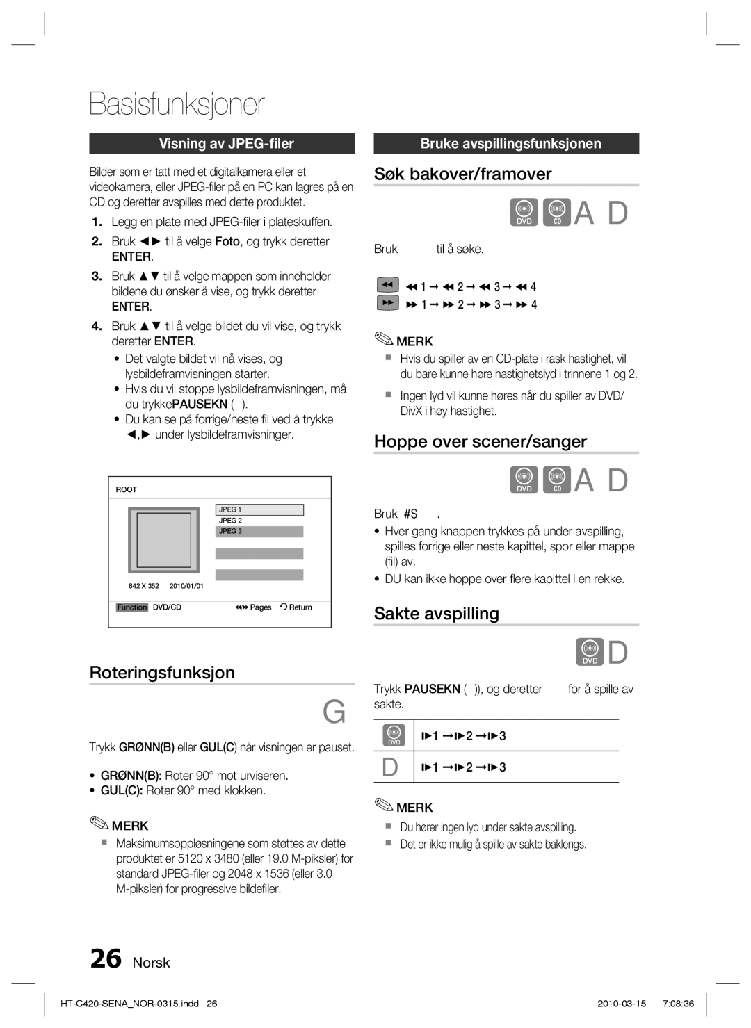 Samsung HT-C420/XEE manual Søk bakover/framover, Hoppe over scener/sanger, Roteringsfunksjon, Sakte avspilling 