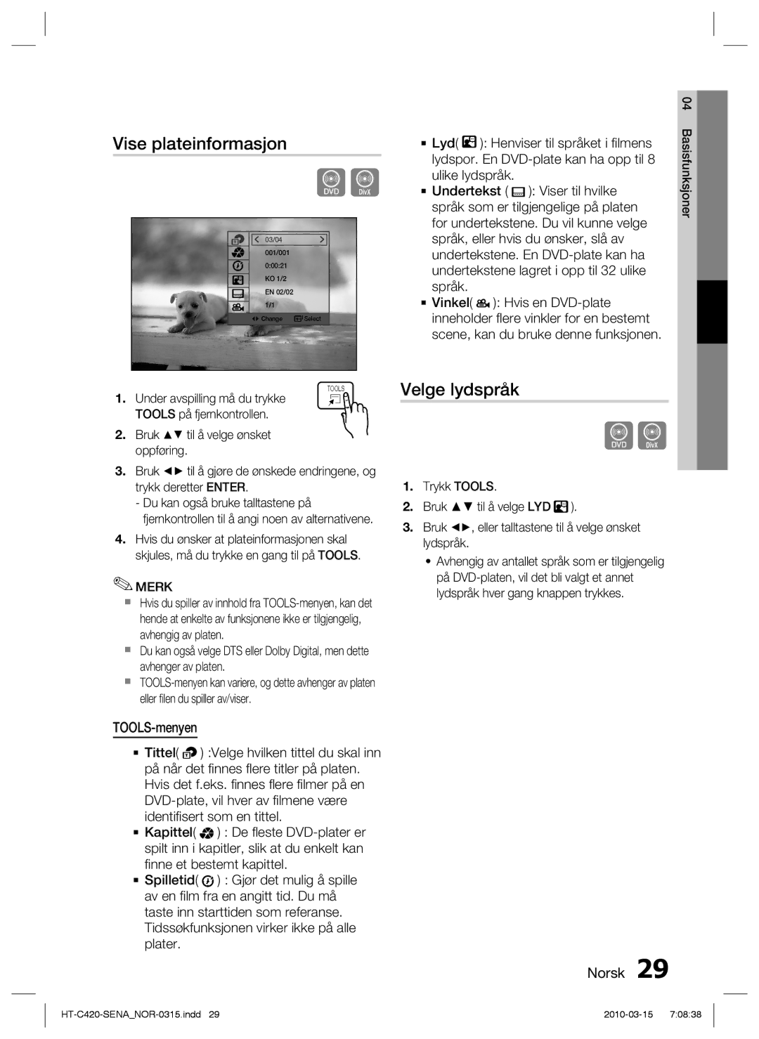 Samsung HT-C420/XEE manual Vise plateinformasjon, Velge lydspråk, TOOLS-menyen 