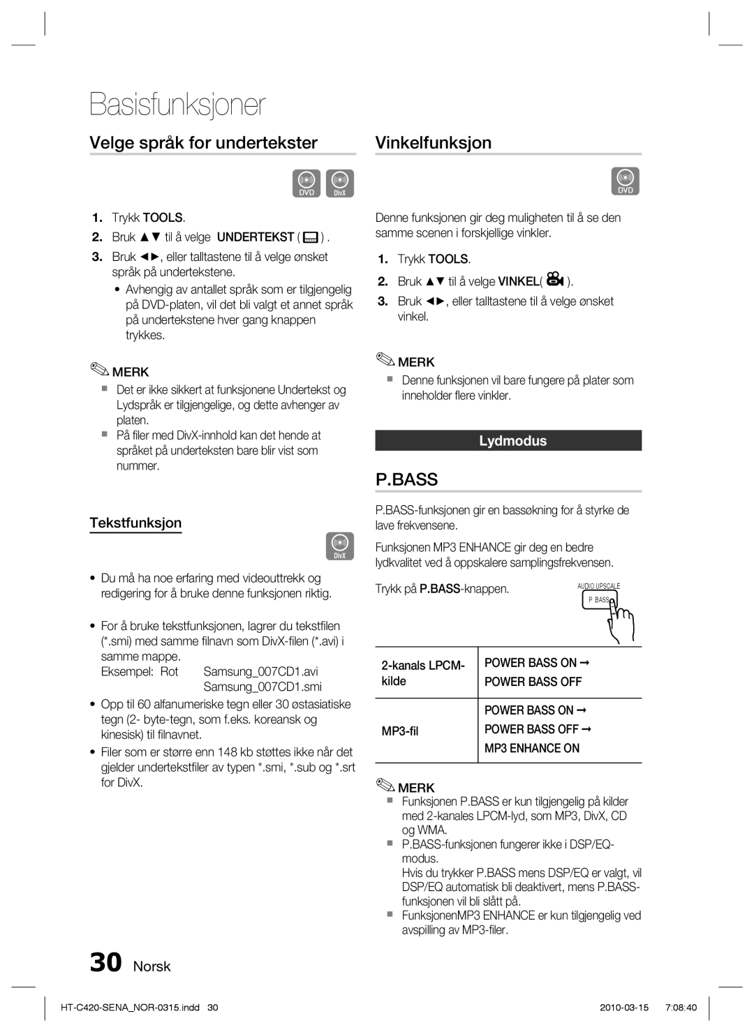 Samsung HT-C420/XEE manual Velge språk for undertekster, Vinkelfunksjon, Tekstfunksjon, Lydmodus 