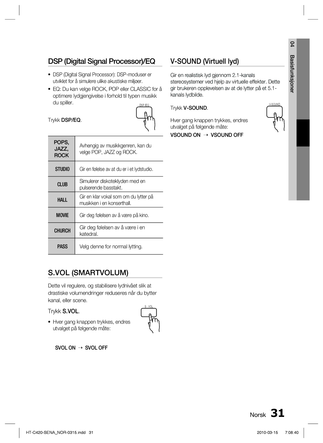 Samsung HT-C420/XEE manual DSP Digital Signal Processor/EQ, Sound Virtuell lyd, Trykk S.VOL 