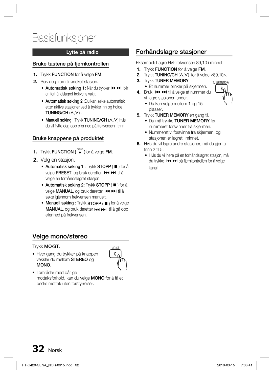 Samsung HT-C420/XEE manual Forhåndslagre stasjoner, Velge mono/stereo, Velg en stasjon, Lytte på radio 