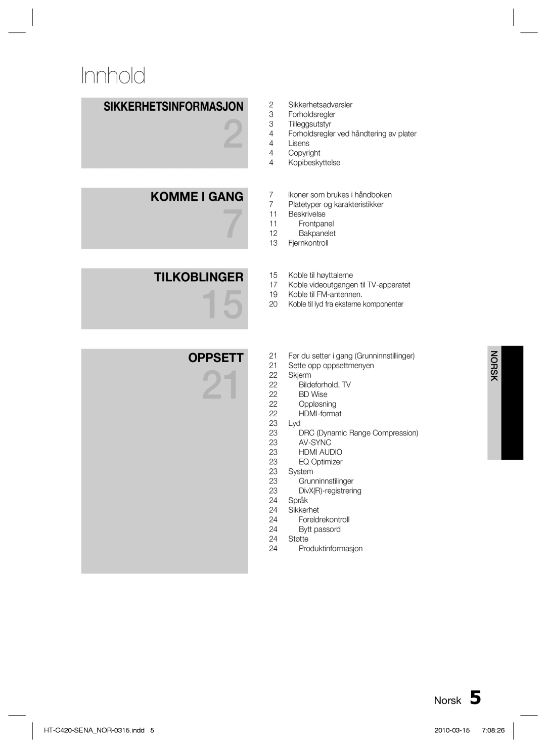 Samsung HT-C420/XEE manual Innhold, Sikkerhetsinformasjon 