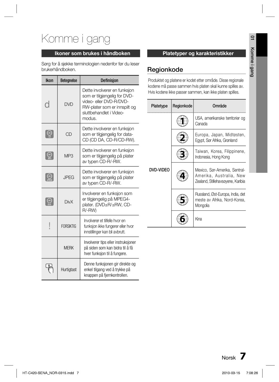 Samsung HT-C420/XEE manual Komme i gang, Regionkode, Ikoner som brukes i håndboken, Platetyper og karakteristikker 