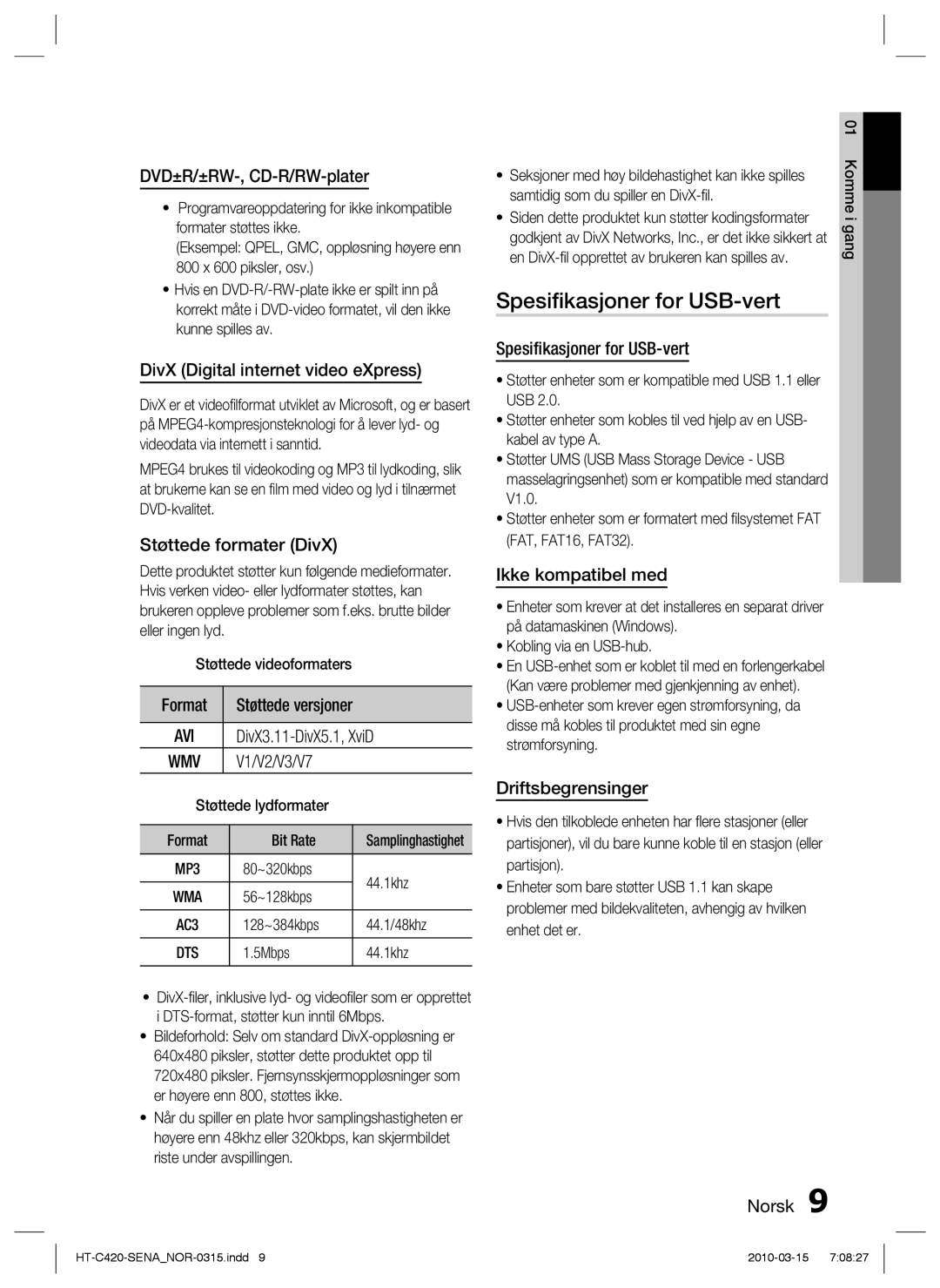 Samsung HT-C420/XEE manual Spesiﬁkasjoner for USB-vert 