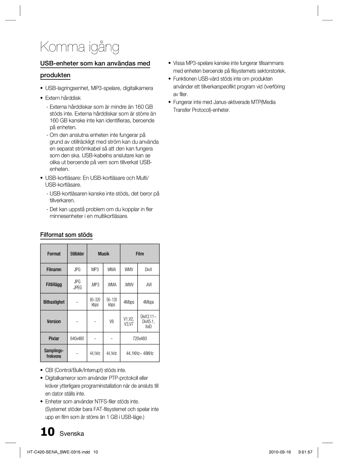 Samsung HT-C420/XEE manual USB-enheter som kan användas med Produkten, Filformat som stöds 