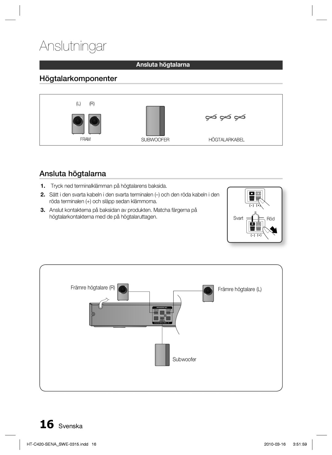 Samsung HT-C420/XEE manual Högtalarkomponenter, Ansluta högtalarna, Främre högtalare R, Subwoofer 