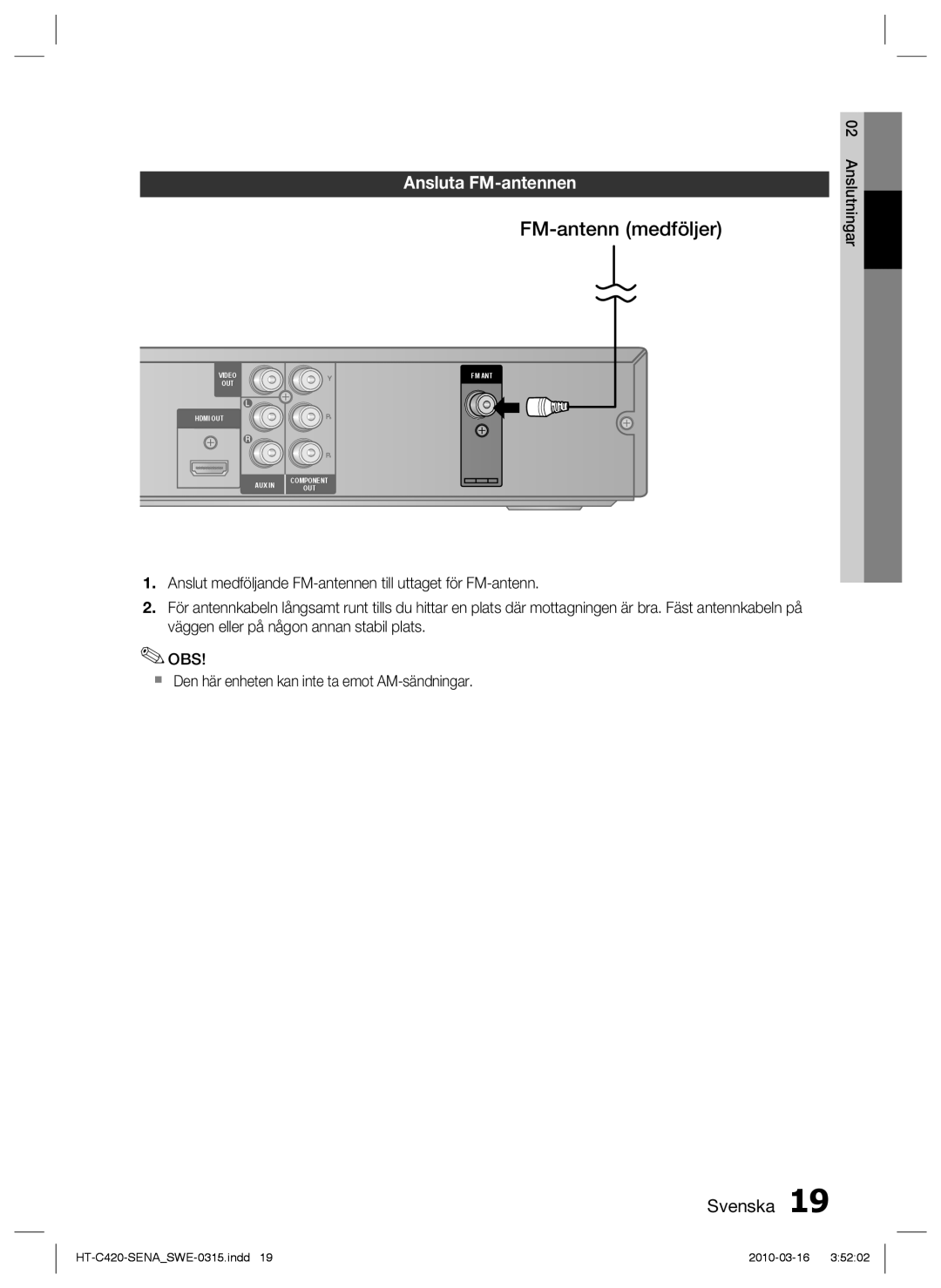 Samsung HT-C420/XEE manual FM-antenn medföljer, Ansluta FM-antennen 