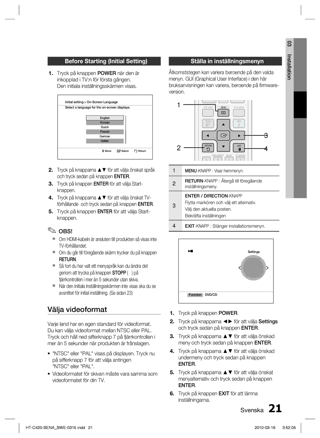 Samsung HT-C420/XEE manual Välja videoformat, Before Starting Initial Setting, Return, Enter 