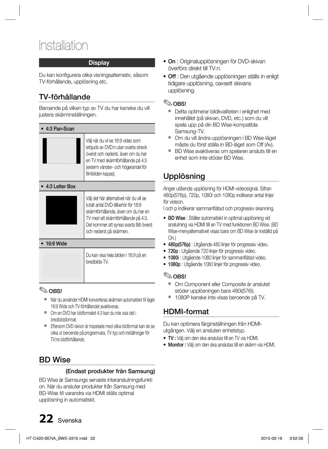 Samsung HT-C420/XEE manual Installation, TV-förhållande, BD Wise, Upplösning, HDMI-format 