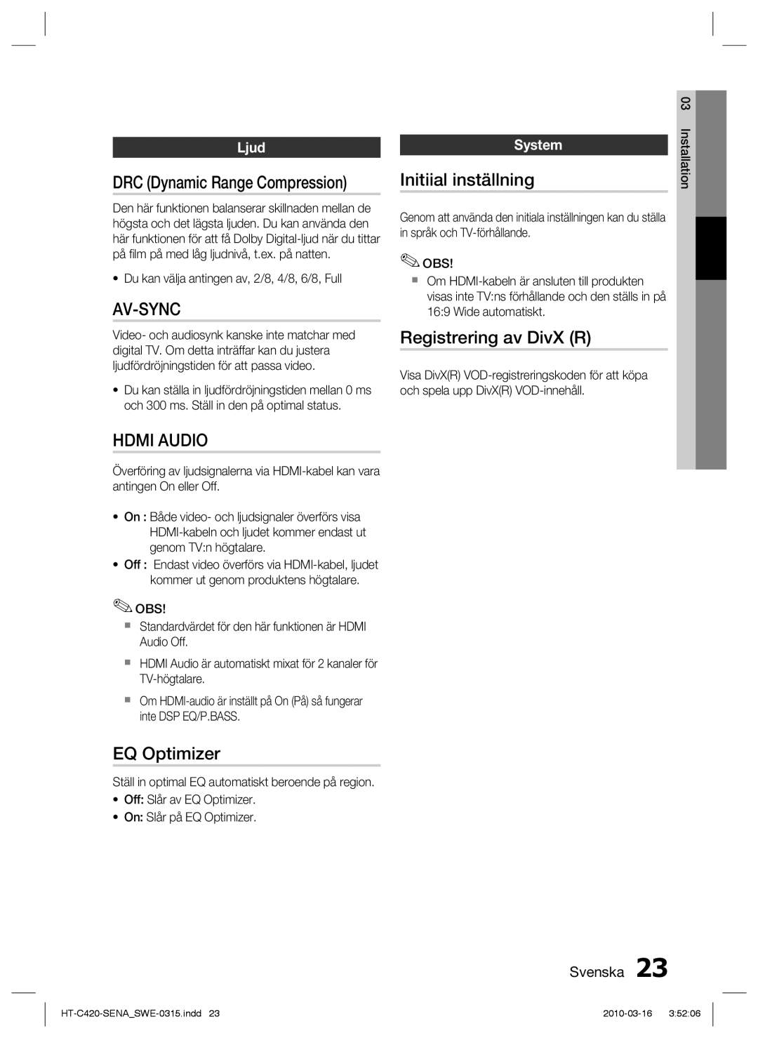 Samsung HT-C420/XEE manual Initiial inställning, Registrering av DivX R, EQ Optimizer, Ljud, System 