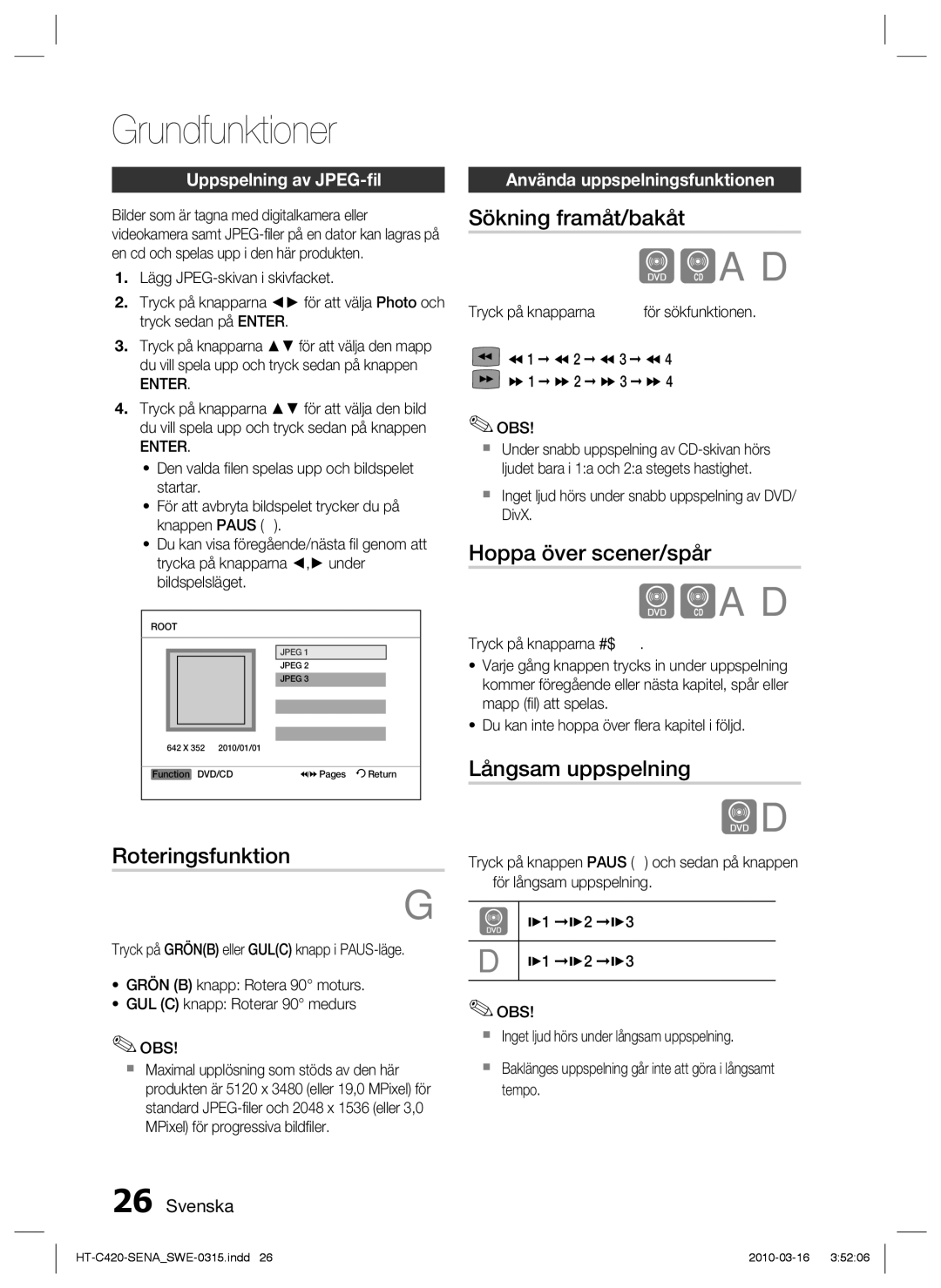 Samsung HT-C420/XEE manual Roteringsfunktion, Sökning framåt/bakåt, Hoppa över scener/spår, Långsam uppspelning 