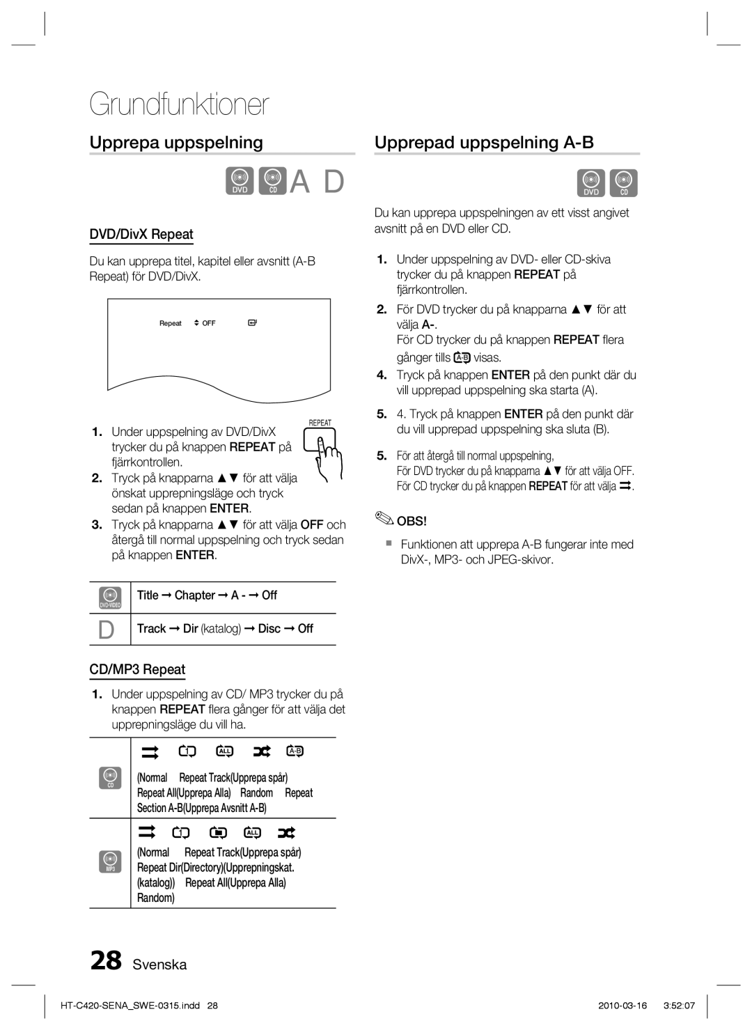 Samsung HT-C420/XEE manual Upprepa uppspelning, Upprepad uppspelning A-B, DVD/DivX Repeat, CD/MP3 Repeat 