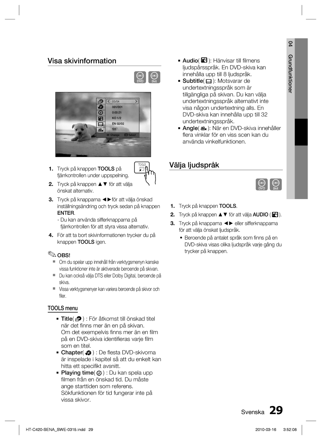 Samsung HT-C420/XEE Visa skivinformation, Välja ljudspråk, Tools menu, Tryck på knappen för att välja önskat alternativ 