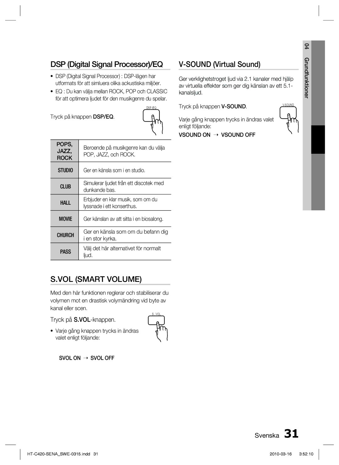 Samsung HT-C420/XEE manual DSP Digital Signal Processor/EQ, Sound Virtual Sound, Tryck på S.VOL-knappen 