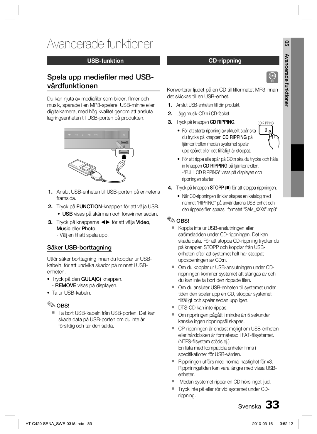 Samsung HT-C420/XEE manual Spela upp medieﬁler med USB- värdfunktionen, USB-funktion, Säker USB-borttagning, CD-rippning 