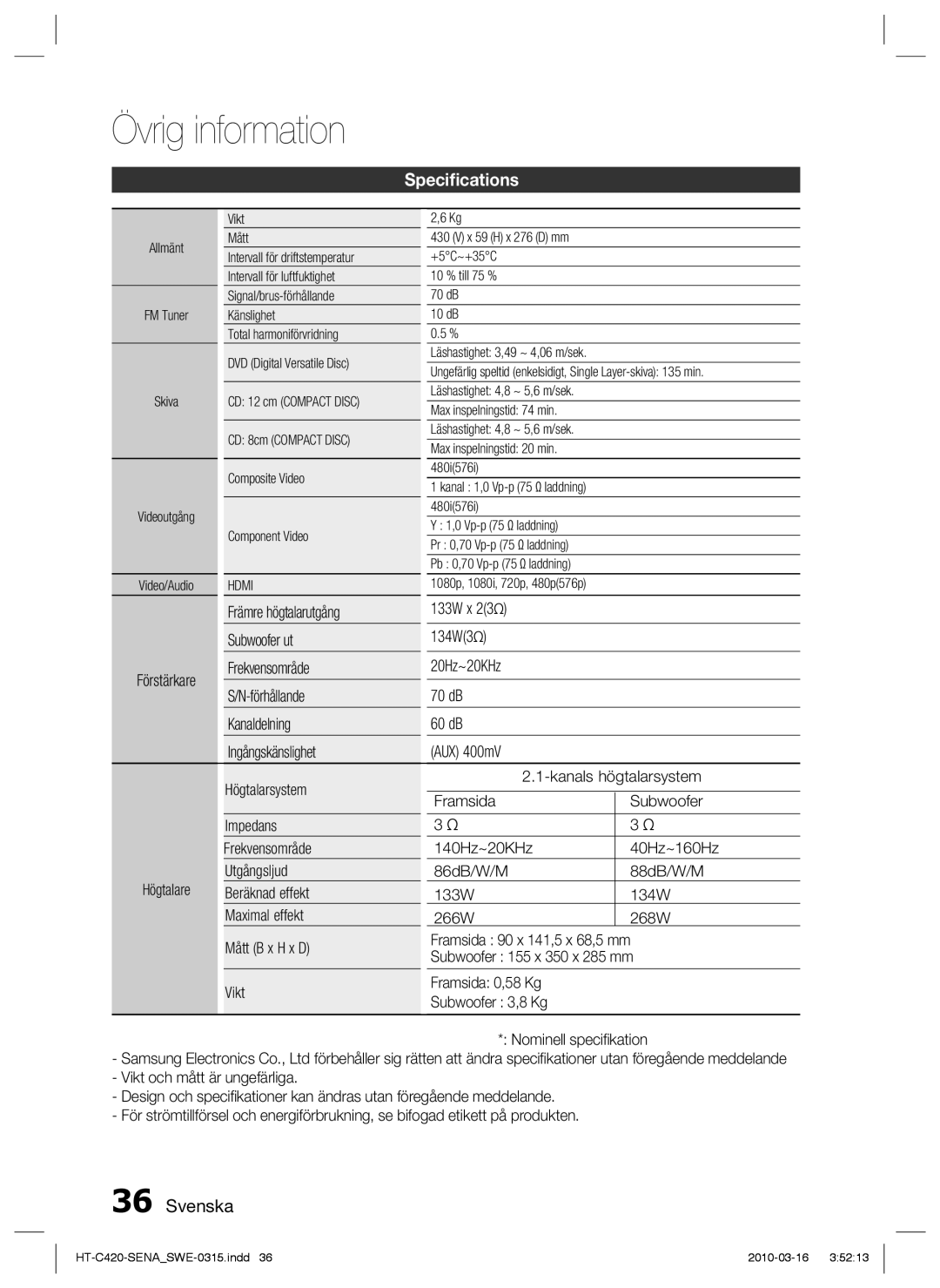 Samsung HT-C420/XEE manual Speciﬁcations, Främre högtalarutgång 133W x Subwoofer ut 134W3 