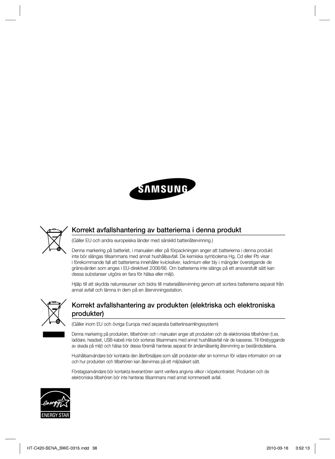 Samsung HT-C420/XEE manual Korrekt avfallshantering av batterierna i denna produkt 