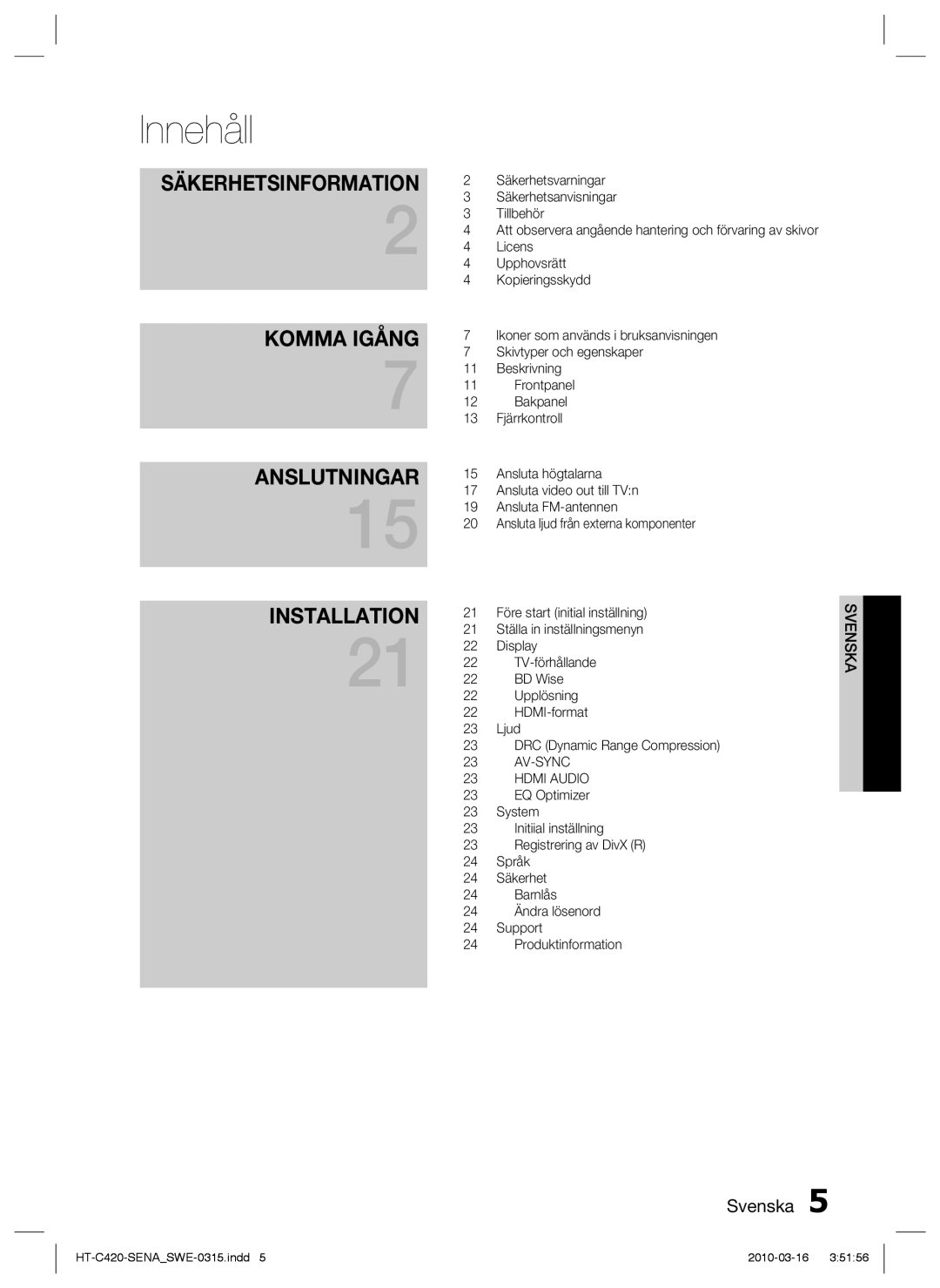 Samsung HT-C420/XEE manual Innehåll, Säkerhetsinformation 