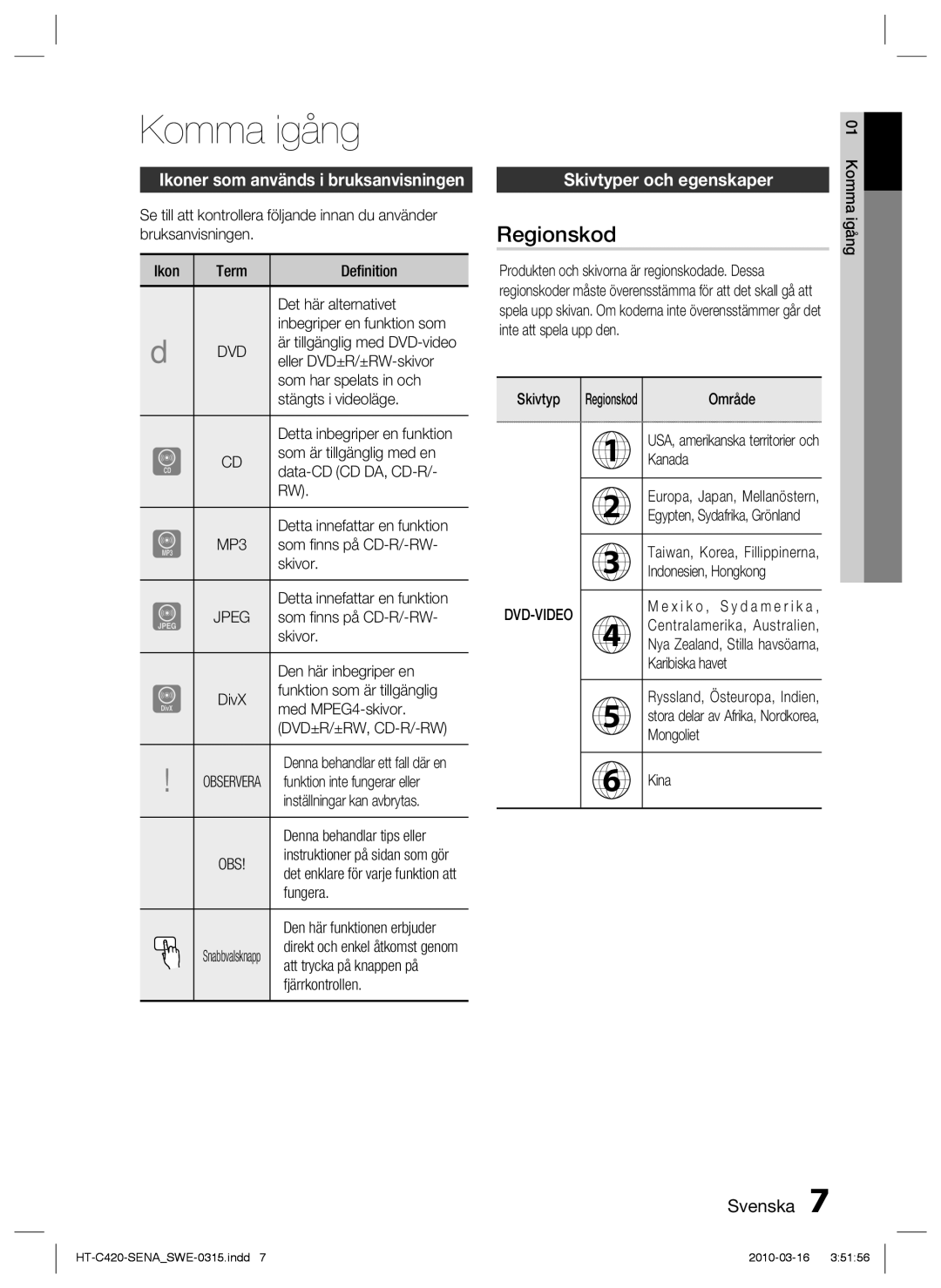 Samsung HT-C420/XEE manual Komma igång, Regionskod, Ikoner som används i bruksanvisningen, Skivtyper och egenskaper 