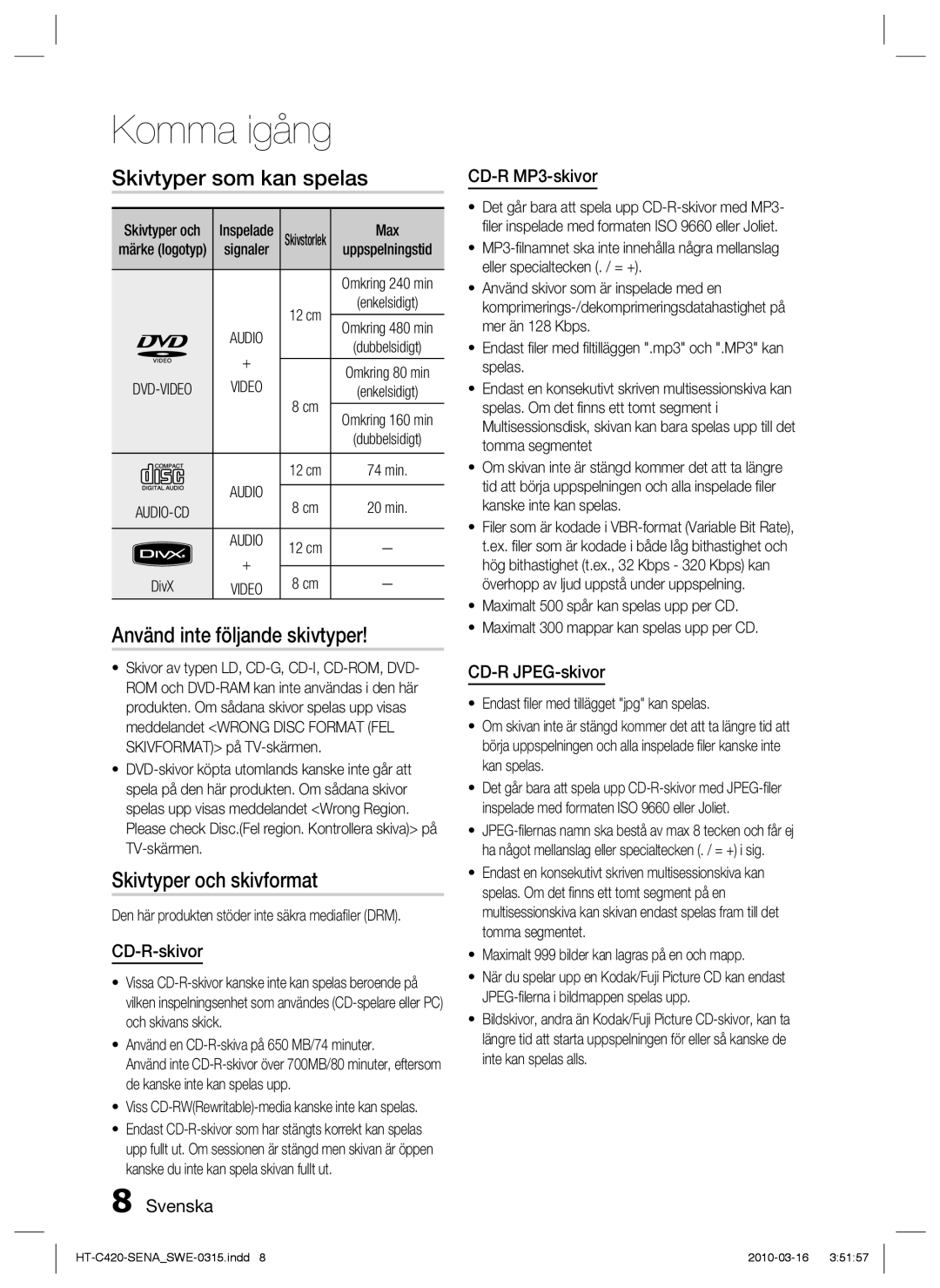 Samsung HT-C420/XEE manual Skivtyper som kan spelas, Använd inte följande skivtyper, Skivtyper och skivformat 