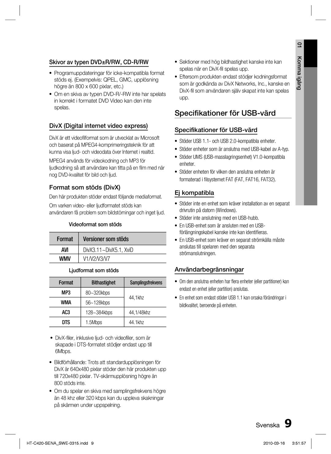 Samsung HT-C420/XEE manual Speciﬁkationer för USB-värd 