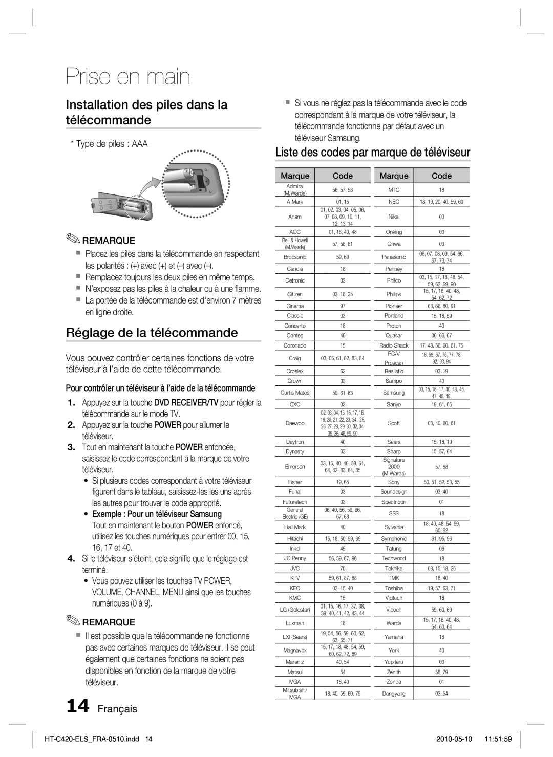 Samsung HT-C420/XEF manual Installation des piles dans la télécommande, Liste des codes par marque de téléviseur 