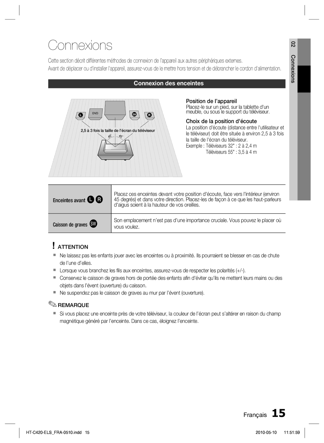 Samsung HT-C420/XEF manual Connexions, Connexion des enceintes, Position de l’appareil, Choix de la position découte 